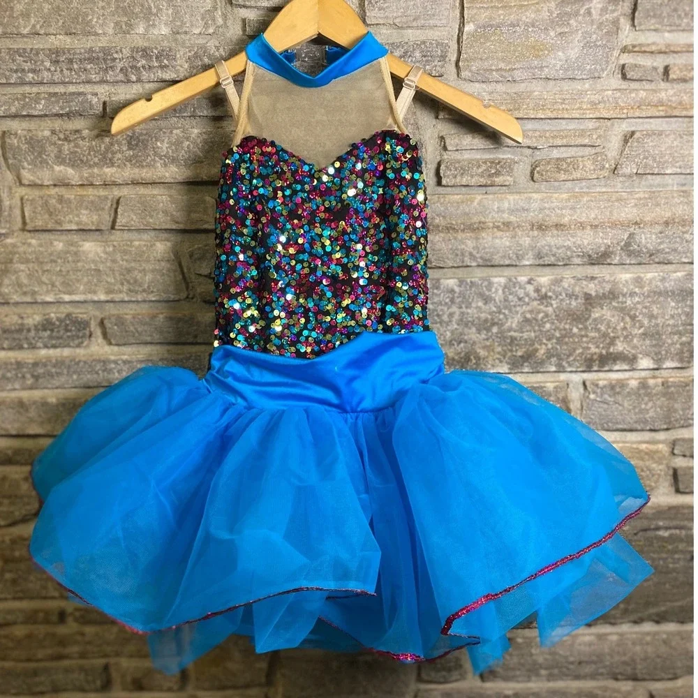 Costume Gallery Kids Large Blue Sequin Tutu Dance Leotard Costume 16122 USA Made